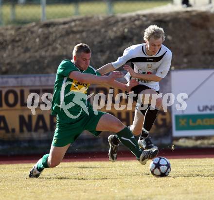 Fussball Kaerntner Liga. Voelkermarkt gegen WAC/St. Andrae Amateure 1B. Daniel Poeschl (Voelkermarkt), Marcel Stoni (WAC). Voelkermarkt, am 19.3.2011.
Foto: Kuess
---
pressefotos, pressefotografie, kuess, qs, qspictures, sport, bild, bilder, bilddatenbank