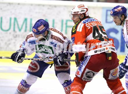 EBEL. Eishockey Bundesliga. KAC gegen VSV. David Schuller, (KAC), Derek Damon  (VSV). Klagenfurt, am 20.3.2011.
Foto: Kuess 

---
pressefotos, pressefotografie, kuess, qs, qspictures, sport, bild, bilder, bilddatenbank