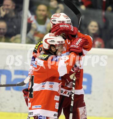 EBEL. Eishockey Bundesliga. KAC gegen VSV. Torjubel Dieter Kalt, Christoph Brandner (KAC). Klagenfurt, am 20.3.2011.
Foto: Kuess 

---
pressefotos, pressefotografie, kuess, qs, qspictures, sport, bild, bilder, bilddatenbank