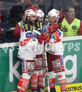 EBEL. Eishockey Bundesliga. VSV gegen KAC. Torjubel Martin Schumnig, Raphael Herburger, Stephan Geier (KAC). Villach, am 22.3.2011.
Foto: Kuess
---
pressefotos, pressefotografie, kuess, qs, qspictures, sport, bild, bilder, bilddatenbank