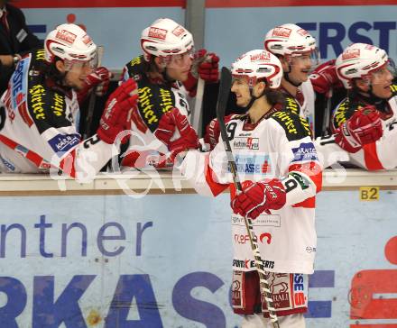 EBEL. Eishockey Bundesliga. VSV gegen KAC. Torjubel Raphael Herburger (KAC). Villach, am 22.3.2011.
Foto: Kuess
---
pressefotos, pressefotografie, kuess, qs, qspictures, sport, bild, bilder, bilddatenbank