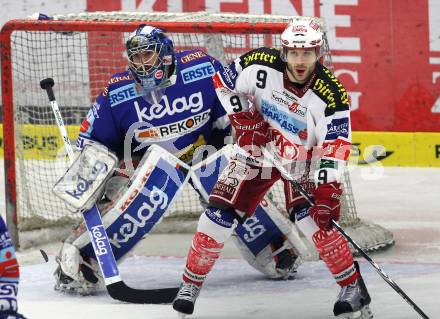 EBEL. Eishockey Bundesliga. VSV gegen KAC. Bernhard Starkbaum (VSV), Tyler Spurgeon (KAC). Villach, am 22.3.2011.
Foto: Kuess
---
pressefotos, pressefotografie, kuess, qs, qspictures, sport, bild, bilder, bilddatenbank