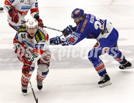 EBEL. Eishockey Bundesliga. EC  VSV gegen KAC.  Greg Kuznik, (VSV), David Schuller (KAC). Villach, am 22.3.2011.
Foto: Kuess 


---
pressefotos, pressefotografie, kuess, qs, qspictures, sport, bild, bilder, bilddatenbank