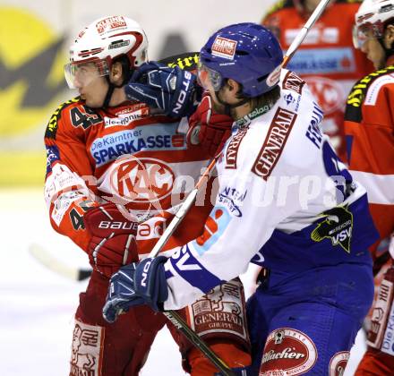 EBEL. Eishockey Bundesliga. KAC gegen VSV. David Schuller, (KAC), Jonathan Ferland (VSV). Klagenfurt, am 24.3.2011.
Foto: Kuess 

---
pressefotos, pressefotografie, kuess, qs, qspictures, sport, bild, bilder, bilddatenbank