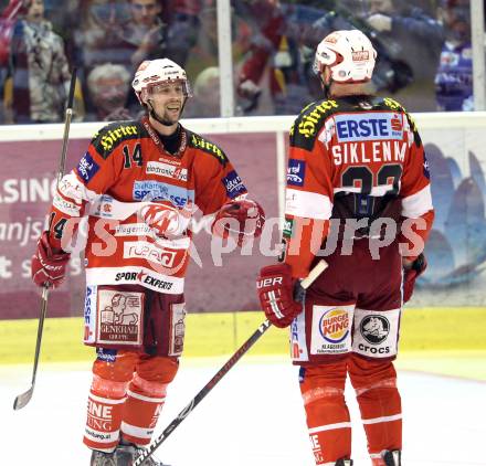 EBEL. Eishockey Bundesliga. KAC gegen VSV. Torjubel Johannes Reichel, Mike Siklenka (KAC). Klagenfurt, am 24.3.2011.
Foto: Kuess 

---
pressefotos, pressefotografie, kuess, qs, qspictures, sport, bild, bilder, bilddatenbank