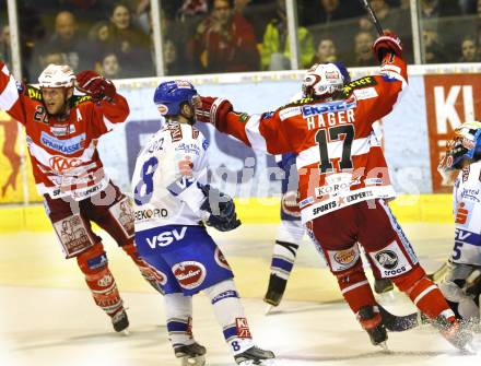 EBEL. Eishockey Bundesliga. KAC gegen VSV. Torjubel Mike Craig, Gregor Hager (KAC). Klagenfurt, am 24.3.2011.
Foto: Kuess 

---
pressefotos, pressefotografie, kuess, qs, qspictures, sport, bild, bilder, bilddatenbank