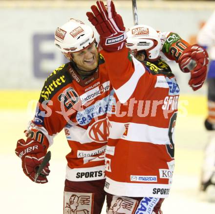 EBEL. Eishockey Bundesliga. KAC gegen VSV. Torjubel Mike Craig,  Tyler Spurgeon (KAC). Klagenfurt, am 24.3.2011.
Foto: Kuess 

---
pressefotos, pressefotografie, kuess, qs, qspictures, sport, bild, bilder, bilddatenbank