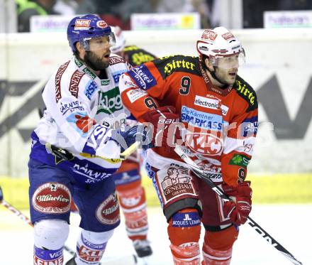 EBEL. Eishockey Bundesliga. KAC gegen VSV. Tyler Spurgeon, (KAC),  Derek Damon (VSV). Klagenfurt, am 24.3.2011.
Foto: Kuess 

---
pressefotos, pressefotografie, kuess, qs, qspictures, sport, bild, bilder, bilddatenbank