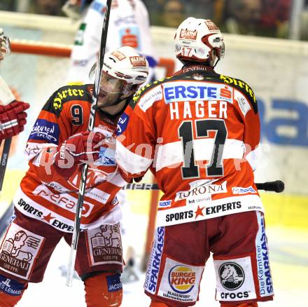 EBEL. Eishockey Bundesliga. KAC gegen VSV. Torjubel Tyler Spurgeon, Gregor Hager (KAC). Klagenfurt, am 24.3.2011.
Foto: Kuess 

---
pressefotos, pressefotografie, kuess, qs, qspictures, sport, bild, bilder, bilddatenbank