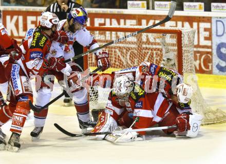 EBEL. Eishockey Bundesliga. KAC gegen Red Bull Salzburg. Johannes Reichel, Andy Chiodo, Mike Craig, (KAC),  Daniel Bois (Salzburg). Klagenfurt, am 31.3.2011.
Foto: Kuess 

---
pressefotos, pressefotografie, kuess, qs, qspictures, sport, bild, bilder, bilddatenbank