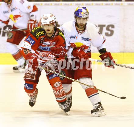 EBEL. Eishockey Bundesliga. KAC gegen Red Bull Salzburg. Raphael Herburger, (KAC),  Michael Schiechl (Salzburg). Klagenfurt, am 31.3.2011.
Foto: Kuess 

---
pressefotos, pressefotografie, kuess, qs, qspictures, sport, bild, bilder, bilddatenbank