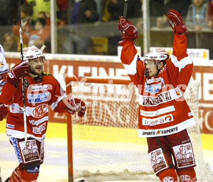 EBEL. Eishockey Bundesliga. KAC gegen Red Bull Salzburg. Torjubel Tyler Scofield, Tyler Spurgeon (KAC). Klagenfurt, am 31.3.2011.
Foto: Kuess 

---
pressefotos, pressefotografie, kuess, qs, qspictures, sport, bild, bilder, bilddatenbank