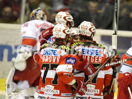 EBEL. Eishockey Bundesliga. KAC gegen Red Bull Salzburg. Torjubel KAC. Klagenfurt, am 31.3.2011.
Foto: Kuess 

---
pressefotos, pressefotografie, kuess, qs, qspictures, sport, bild, bilder, bilddatenbank