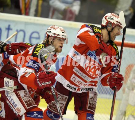 EBEL. Eishockey Bundesliga. KAC gegen Red Bull Salzburg. Torjubel Markus Pirmann, Kirk Furey (KAC). Klagenfurt, am 31.3.2011.
Foto: Kuess 

---
pressefotos, pressefotografie, kuess, qs, qspictures, sport, bild, bilder, bilddatenbank