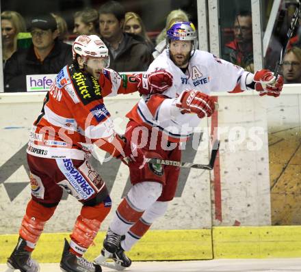 EBEL. Eishockey Bundesliga. KAC gegen Red Bull Salzburg. Tyler Spurgeon, (KAC), Daniel Bois (Salzburg). Klagenfurt, am 5.4.2011.
Foto: Kuess 

---
pressefotos, pressefotografie, kuess, qs, qspictures, sport, bild, bilder, bilddatenbank