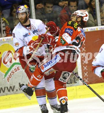 EBEL. Eishockey Bundesliga. KAC gegen Red Bull Salzburg. Manuel Geier, (KAC), Daniel Bois (Salzburg). Klagenfurt, am 5.4.2011.
Foto: Kuess 

---
pressefotos, pressefotografie, kuess, qs, qspictures, sport, bild, bilder, bilddatenbank