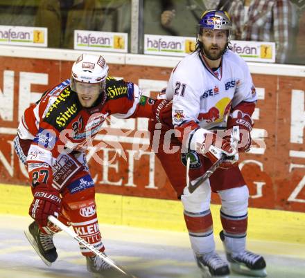 EBEL. Eishockey Bundesliga. KAC gegen Red Bull Salzburg. Thomas HUndertpfund,  (KAC), Shaun Heshka (Salzburg). Klagenfurt, am 5.4.2011.
Foto: Kuess 

---
pressefotos, pressefotografie, kuess, qs, qspictures, sport, bild, bilder, bilddatenbank