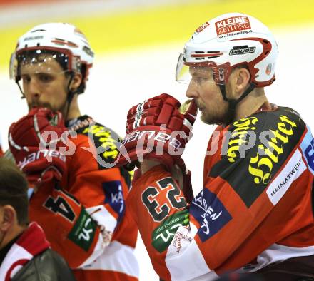 EBEL. Eishockey Bundesliga. KAC gegen Red Bull Salzburg. Johannes Reichel, Mike Siklenka (KAC). Klagenfurt, am 5.4.2011.
Foto: Kuess 

---
pressefotos, pressefotografie, kuess, qs, qspictures, sport, bild, bilder, bilddatenbank