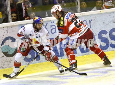 EBEL. Eishockey Bundesliga. KAC gegen Red Bull Salzburg. Thomas HUndertpfund, (KAC), Dominique Heinrich (Salzburg). Klagenfurt, am 5.4.2011.
Foto: Kuess 

---
pressefotos, pressefotografie, kuess, qs, qspictures, sport, bild, bilder, bilddatenbank