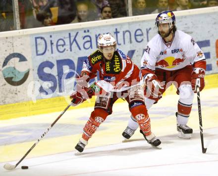 EBEL. Eishockey Bundesliga. KAC gegen Red Bull Salzburg. Tyler Scofield, (KAC), Dominique Heinrich (Salzburg). Klagenfurt, am 5.4.2011.
Foto: Kuess 

---
pressefotos, pressefotografie, kuess, qs, qspictures, sport, bild, bilder, bilddatenbank