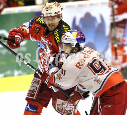 EBEL. Eishockey Bundesliga. KAC gegen Red Bull Salzburg. Gregor Hager, (KAC), Dominique Heinrich (Salzburg). Klagenfurt, am 5.4.2011.
Foto: Kuess 

---
pressefotos, pressefotografie, kuess, qs, qspictures, sport, bild, bilder, bilddatenbank