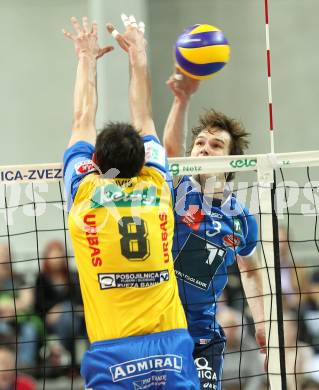 Volleyball. SK Aich/Dob gegen Hypo Tirol. Michal Hruska (Aich/Dob), Arno Amalthof (Hypo Tirol). Klagenfurt, 7.4.2011.
Foto: Kuess

---
pressefotos, pressefotografie, kuess, qs, qspictures, sport, bild, bilder, bilddatenbank