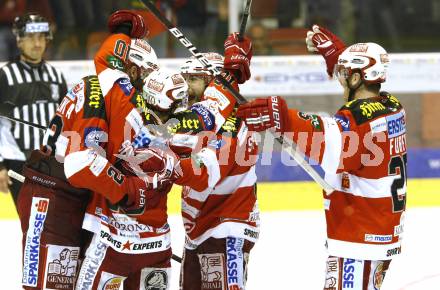 EBEL. Eishockey Bundesliga. KAC gegen Red Bull Salzburg. Torjubel Mike Siklenka, Tyler Scofield, Tyler Spurgeon, Kirk Furey (KAC). Klagenfurt, am 10.4.2011.
Foto: Kuess 

---
pressefotos, pressefotografie, kuess, qs, qspictures, sport, bild, bilder, bilddatenbank