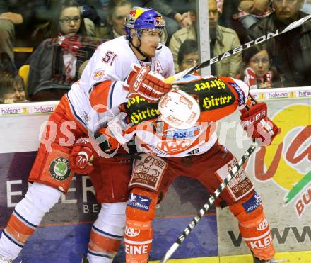 EBEL. Eishockey Bundesliga. KAC gegen Red Bull Salzburg. Johannes Kirisits, (KAC), Matthias Trattnig (Salzburg). Klagenfurt, am 10.4.2011.
Foto: Kuess 

---
pressefotos, pressefotografie, kuess, qs, qspictures, sport, bild, bilder, bilddatenbank