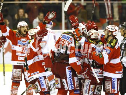 EBEL. Eishockey Bundesliga. KAC gegen Red Bull Salzburg. Jubel KAC. Klagenfurt, am 10.4.2011.
Foto: Kuess 

---
pressefotos, pressefotografie, kuess, qs, qspictures, sport, bild, bilder, bilddatenbank