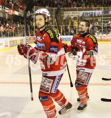 EBEL. Eishockey Bundesliga. KAC gegen Red Bull Salzburg. Jubel Christoph Brandner, Gregor Hager (KAC). Klagenfurt, am 10.4.2011.
Foto: Kuess 

---
pressefotos, pressefotografie, kuess, qs, qspictures, sport, bild, bilder, bilddatenbank