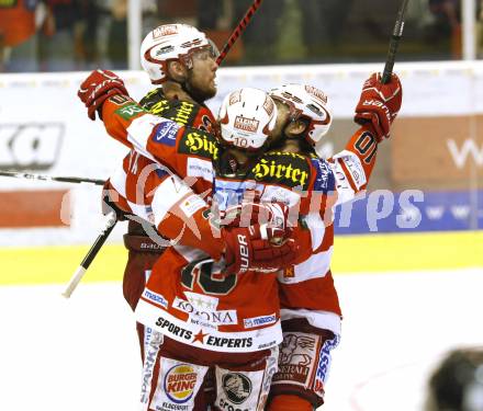 EBEL. Eishockey Bundesliga. KAC gegen Red Bull Salzburg. Torjubel Mike Siklenka, Tyler Scofield, Tyler Spurgeon (KAC). Klagenfurt, am 10.4.2011.
Foto: Kuess 

---
pressefotos, pressefotografie, kuess, qs, qspictures, sport, bild, bilder, bilddatenbank