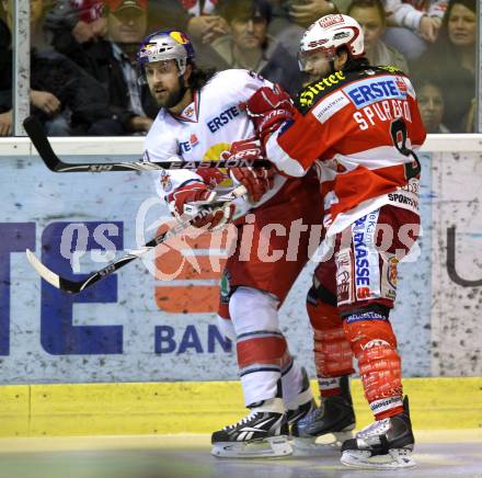 EBEL. Eishockey Bundesliga. KAC gegen Red Bull Salzburg. Tyler Spurgeon, (KAC), Shaun Heshka (Salzburg). Klagenfurt, am 10.4.2011.
Foto: Kuess 

---
pressefotos, pressefotografie, kuess, qs, qspictures, sport, bild, bilder, bilddatenbank