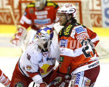 EBEL. Eishockey Bundesliga. KAC gegen Red Bull Salzburg. Thomas Hundertpfund, (KAC), Daniel Bois (Salzburg). Klagenfurt, am 10.4.2011.
Foto: Kuess 

---
pressefotos, pressefotografie, kuess, qs, qspictures, sport, bild, bilder, bilddatenbank