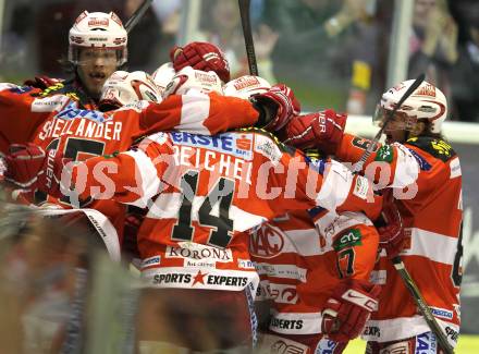 EBEL. Eishockey Bundesliga. KAC gegen Red Bull Salzburg. Torjubel KAC. Klagenfurt, am 10.4.2011.
Foto: Kuess 

---
pressefotos, pressefotografie, kuess, qs, qspictures, sport, bild, bilder, bilddatenbank