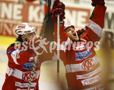 EBEL. Eishockey Bundesliga. KAC gegen Red Bull Salzburg. Torjubel Mike Craig, Raphael Herburger (KAC). Klagenfurt, am 10.4.2011.
Foto: Kuess 

---
pressefotos, pressefotografie, kuess, qs, qspictures, sport, bild, bilder, bilddatenbank