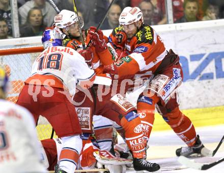 EBEL. Eishockey Bundesliga. KAC gegen Red Bull Salzburg. Stephan Geier, Mike Siklenka, (KAC), Daniel Bois (Salzburg). Klagenfurt, am 10.4.2011.
Foto: Kuess 

---
pressefotos, pressefotografie, kuess, qs, qspictures, sport, bild, bilder, bilddatenbank