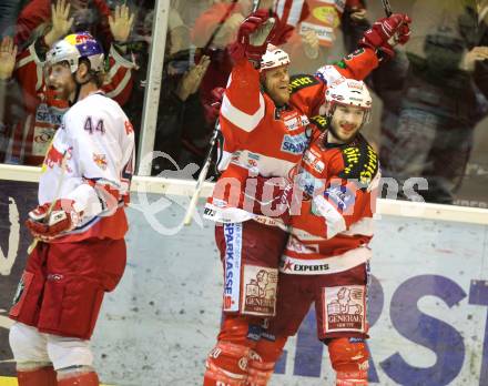 EBEL. Eishockey Bundesliga. KAC gegen Red Bull Salzburg.  Torjubel Mike Craig, Tyler Spurgeon (KAC). Klagenfurt, am 14.4.2011.
Foto: Kuess 

---
pressefotos, pressefotografie, kuess, qs, qspictures, sport, bild, bilder, bilddatenbank