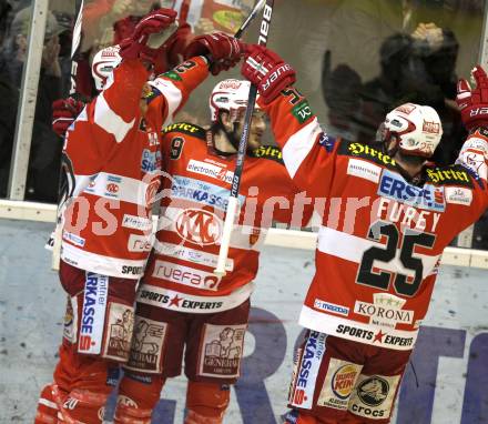 EBEL. Eishockey Bundesliga. KAC gegen Red Bull Salzburg. Torjubel Mike Craig, Tyler Spurgeon, Kirk Furey (KAC). Klagenfurt, am 14.4.2011.
Foto: Kuess 

---
pressefotos, pressefotografie, kuess, qs, qspictures, sport, bild, bilder, bilddatenbank