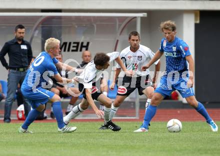 Fussball. Erste Liga. WAC/St. Andrae gegen SV Groedig. Christian Falk, Gernot Messner, (WAC), Thomas Hopfer (Groedig). Wolfsberg, 15.7.2011. 
Foto: Kuess

---
pressefotos, pressefotografie, kuess, qs, qspictures, sport, bild, bilder, bilddatenbank