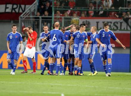 Fussball Laenderspiel Oesterreich gegen Slowakei. Torjubel Slowakei. Klagenfurt, 10.8.2011.
Foto: Kuess

---
pressefotos, pressefotografie, kuess, qs, qspictures, sport, bild, bilder, bilddatenbank