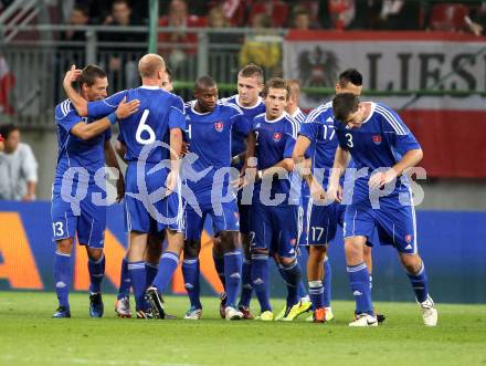 Fussball Laenderspiel Oesterreich gegen Slowakei. Torjubel Slowakei. Klagenfurt, 10.8.2011.
Foto: Kuess

---
pressefotos, pressefotografie, kuess, qs, qspictures, sport, bild, bilder, bilddatenbank