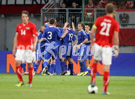 Fussball Laenderspiel Oesterreich gegen Slowakei. Torjubel Slowakei. Klagenfurt, 10.8.2011.
Foto: Kuess

---
pressefotos, pressefotografie, kuess, qs, qspictures, sport, bild, bilder, bilddatenbank