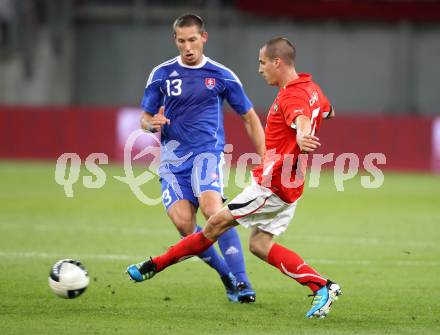 Fussball Laenderspiel Oesterreich gegen Slowakei. Stefan Kulovits, (Oesterreich), Filip Holosko  (Slowakei).. Klagenfurt, 10.8.2011.
Foto: Kuess

---
pressefotos, pressefotografie, kuess, qs, qspictures, sport, bild, bilder, bilddatenbank