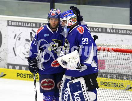 EBEL. Eishockey Bundesliga. EC Pasut VSV gegen  ERC Ingolstadt. Torjubel  DAMON Derek, STARKBAUM Bernhard, (VSV). Villach, am 26.8.2011.
Foto: Kuess 


---
pressefotos, pressefotografie, kuess, qs, qspictures, sport, bild, bilder, bilddatenbank