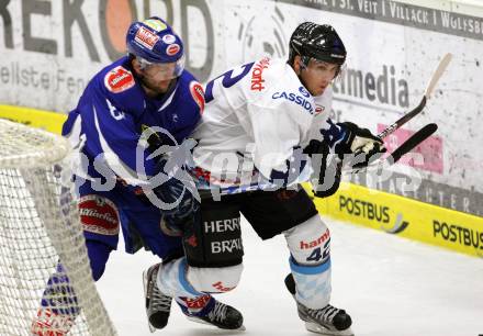 EBEL. Eishockey Bundesliga. EC Pasut VSV gegen  ERC Ingolstadt.  KASPITZ Roland (VSV), Jared Ross, (Ingolstadt). Villach, am 26.8.2011.
Foto: Kuess 


---
pressefotos, pressefotografie, kuess, qs, qspictures, sport, bild, bilder, bilddatenbank