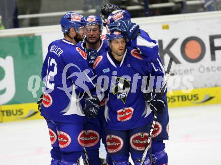 EBEL. Eishockey Bundesliga. EC Pasut VSV gegen  ERC Ingolstadt.  torjubel DAMON Derek (VSV). Villach, am 26.8.2011.
Foto: Kuess 


---
pressefotos, pressefotografie, kuess, qs, qspictures, sport, bild, bilder, bilddatenbank