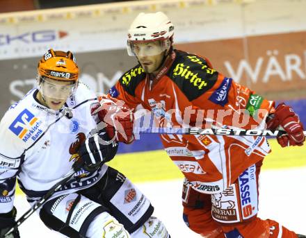 Eishockey Testspiel KAC gegen Iserlohn Roosters. Thomas Koch, (KAC), David Spina (Iserlohn Roosters). Klagenfurt, 27.8.2011.
Foto: Kuess 

---
pressefotos, pressefotografie, kuess, qs, qspictures, sport, bild, bilder, bilddatenbank