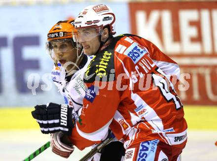 Eishockey Testspiel KAC gegen Iserlohn Roosters. David Schuller,  (KAC), Jeff Giuliano (Iserlohn Roosters). Klagenfurt, 27.8.2011.
Foto: Kuess 

---
pressefotos, pressefotografie, kuess, qs, qspictures, sport, bild, bilder, bilddatenbank