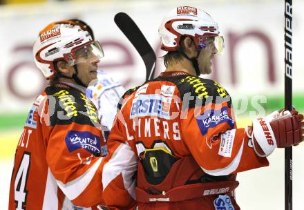 Eishockey Testspiel KAC gegen Iserlohn Roosters. Torjubel Dieter Kalt, John Lammers (KAC). Klagenfurt, 27.8.2011.
Foto: Kuess 

---
pressefotos, pressefotografie, kuess, qs, qspictures, sport, bild, bilder, bilddatenbank