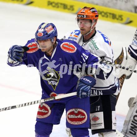 EBEL. Eishockey Bundesliga. EC Pasut VSV gegen Iserlohn Roosters.  Kyle Wanvig,  (VSV), Lasse Kopitz (Iserlohn Roosters). Villach, am 28.8.2011.
Foto: Kuess 


---
pressefotos, pressefotografie, kuess, qs, qspictures, sport, bild, bilder, bilddatenbank